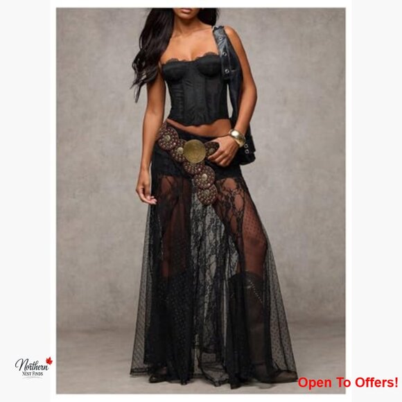 Sheer Lace Maxi Skirt Low Waist Ruffle Hem A Line Flowy - Picture 5 of 7